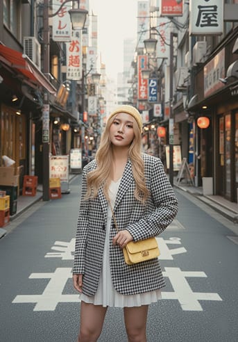 Composite result: woman in a yellow hat standing in a narrow shopping street lined with signs.