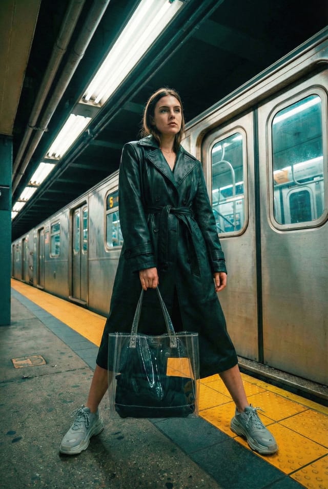 Portrait result: woman carrying a handbag on a clear subway platform beside a train.
