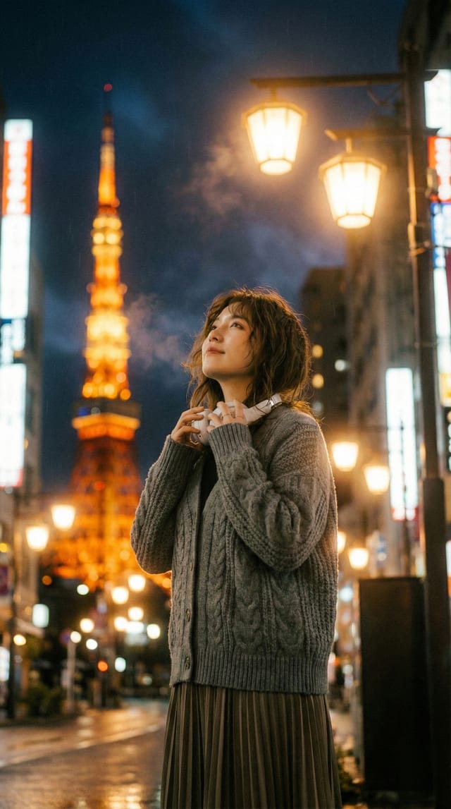 Portrait result: woman holding her collar beneath street lamps with an illuminated tower behind her.